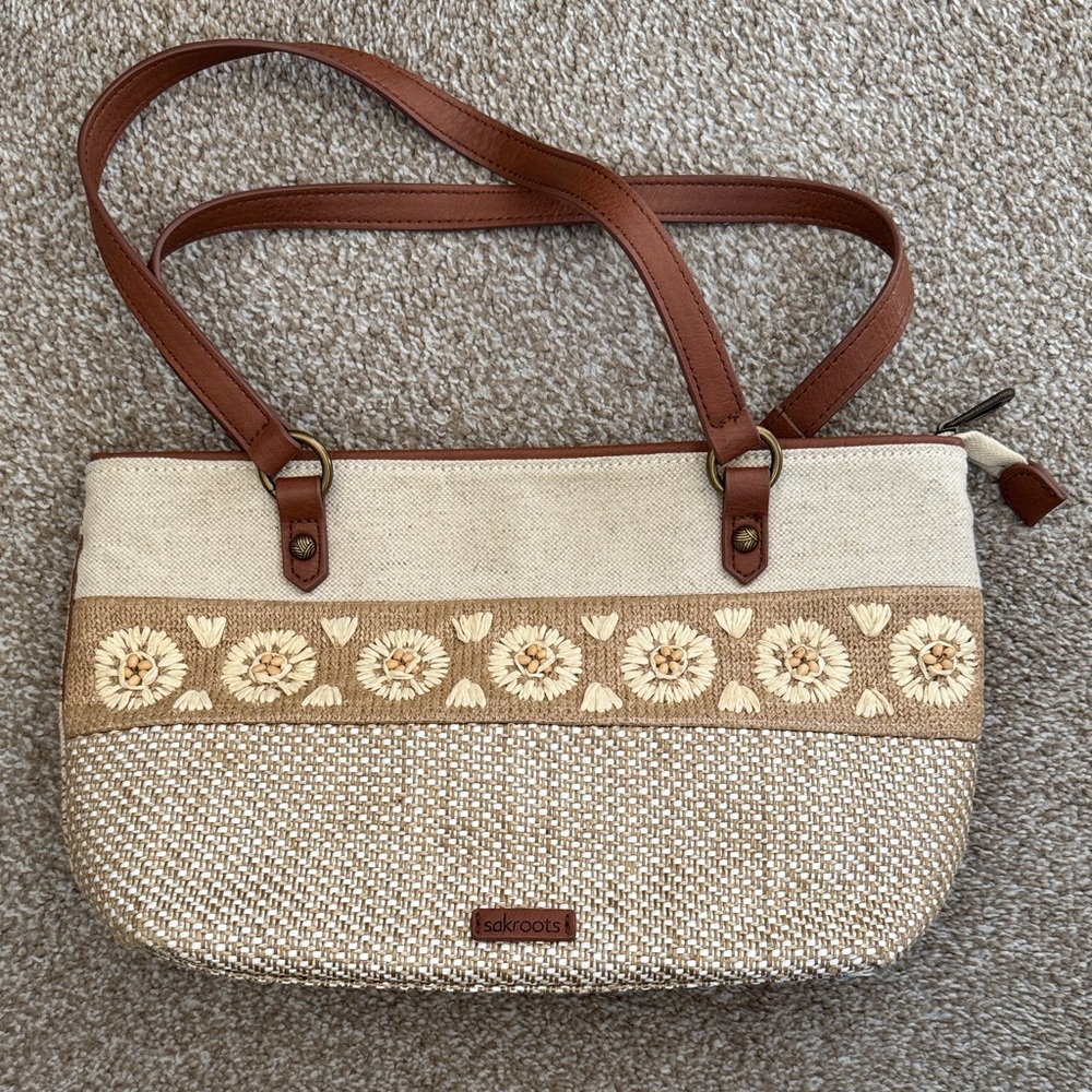 Sakroots Cream and Brown Floral Shoulder Bag